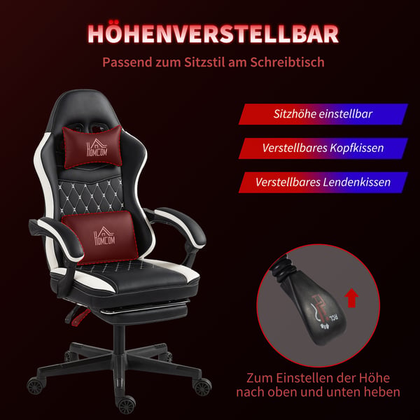 Gamingstol, 64x65x118-128 cm, Sort+Hvid, Justerbar