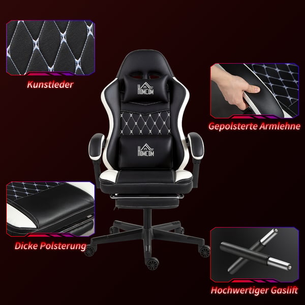Gamingstol, 64x65x118-128 cm, Sort+Hvid, Justerbar