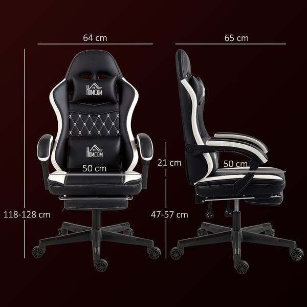 Gamingstol, 64x65x118-128 cm, Sort+Hvid, Justerbar