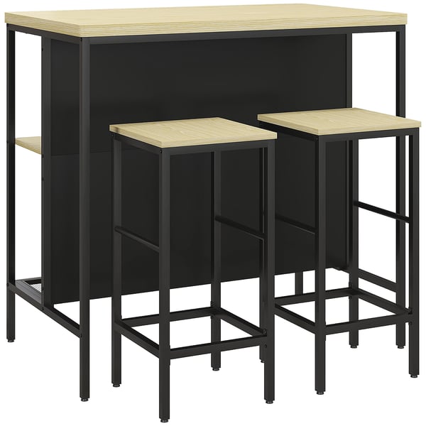 Bar-sæt, 1 barborde og 2 barstole, 100x60x95 cm, sort/eg, stål