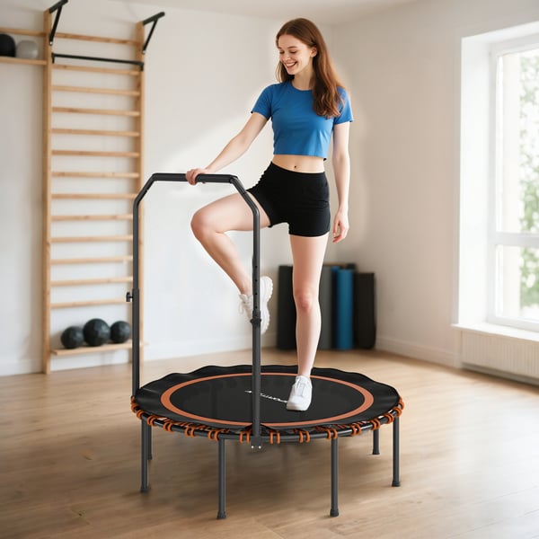 Fitness trampolin, justerbart gelænder, 114x109-129 cm, orange, stål