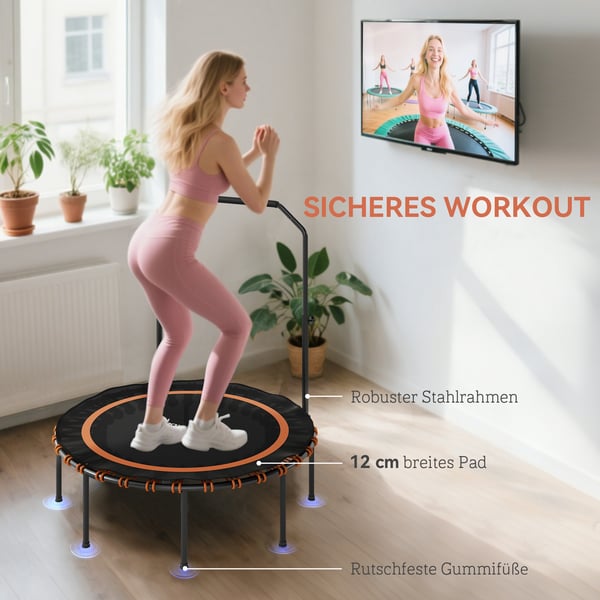 Fitness trampolin, justerbart gelænder, 114x109-129 cm, orange, stål