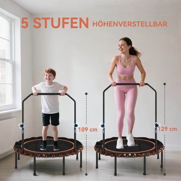 Fitness trampolin, justerbart gelænder, 114x109-129 cm, orange, stål