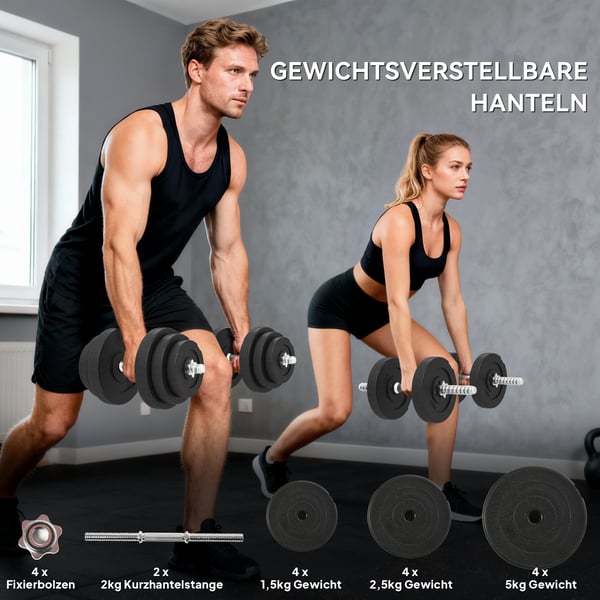 Hantelset 40 kg svart, metalhandtag, golvvänlig