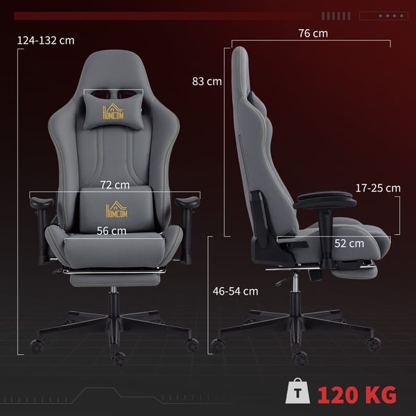 Gamingstol, 72x76x124 cm, Grå, Justerbar