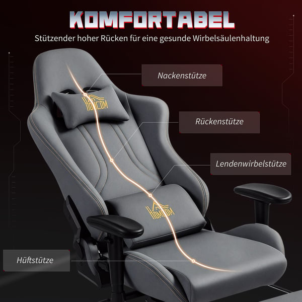 Gamingstol, 72x76x124 cm, Grå, Justerbar