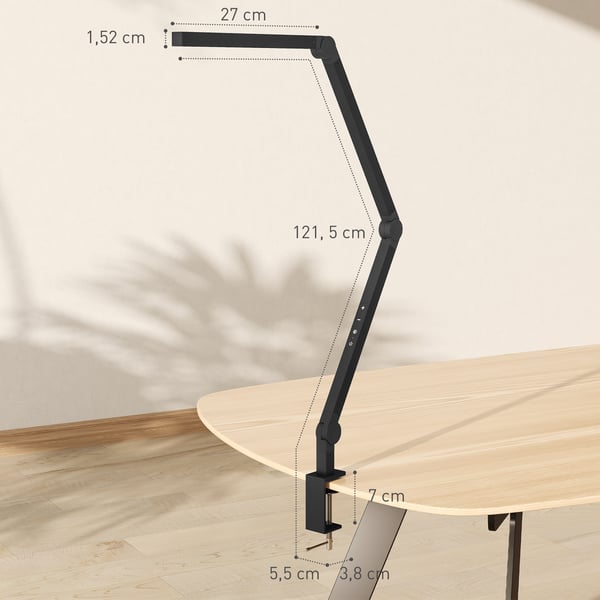 Skrivebordslampe, 121.5x3.8x5.5 cm, Sort, Metal klemme