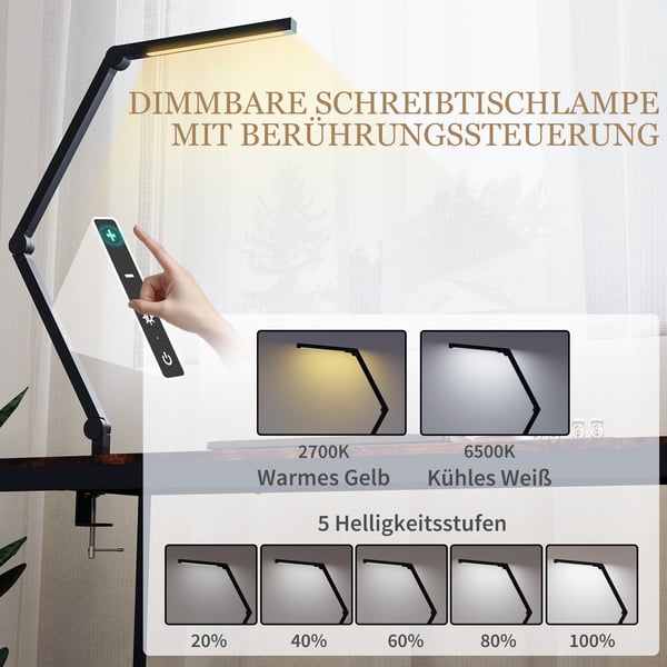 Skrivebordslampe, 121.5x3.8x5.5 cm, Sort, Metal klemme