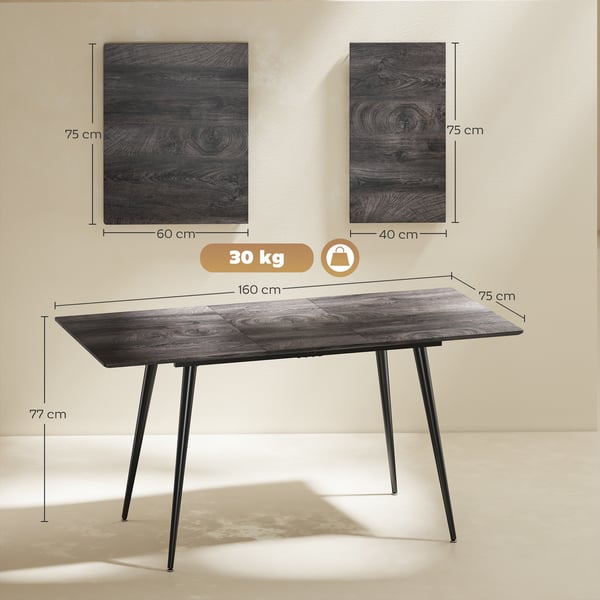 Ruokapöytä, jatkettava, 120x75x77 cm, harmaa, teräsjalat