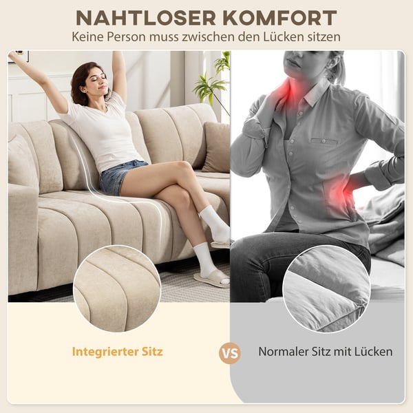 Hjørnesofa, L-formet med fleksibel chaiselong, 242x87x87 cm, beige, metalstel