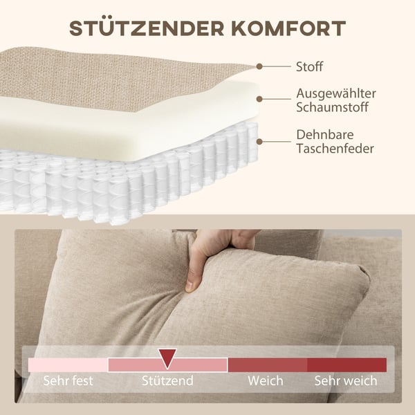 Hjørnesofa, L-formet med fleksibel chaiselong, 242x87x87 cm, beige, metalstel