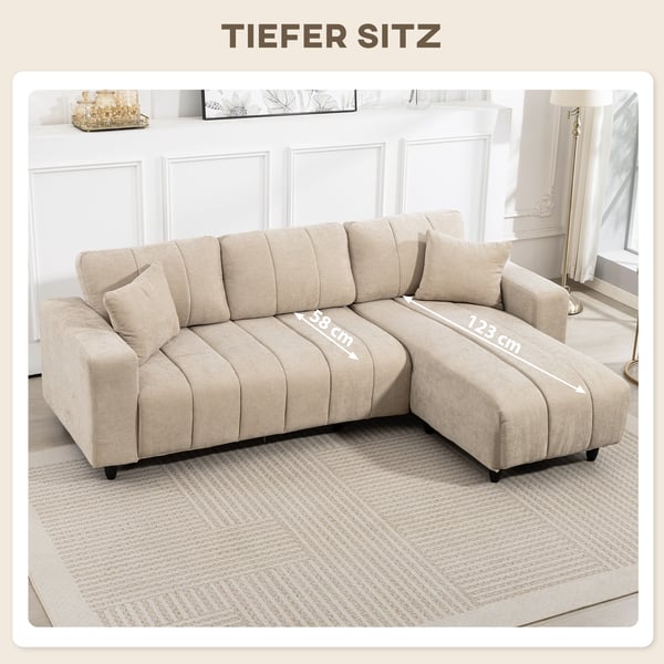 Hjørnesofa, L-formet med fleksibel chaiselong, 242x87x87 cm, beige, metalstel