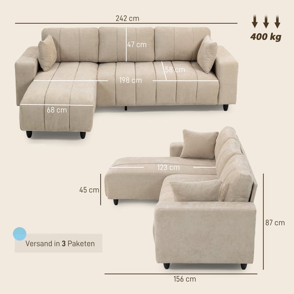Hjørnesofa, L-formet med fleksibel chaiselong, 242x87x87 cm, beige, metalstel