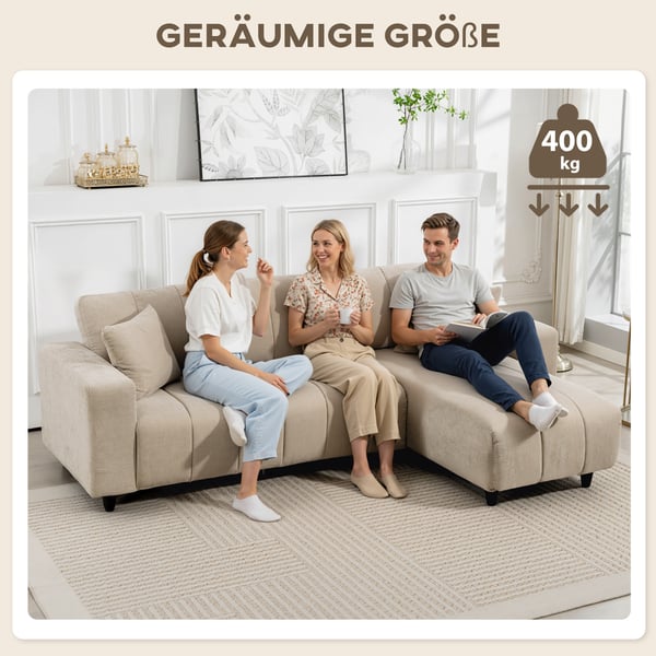 Hjørnesofa, L-formet med fleksibel chaiselong, 242x87x87 cm, beige, metalstel