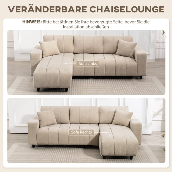 Hjørnesofa, L-formet med fleksibel chaiselong, 242x87x87 cm, beige, metalstel