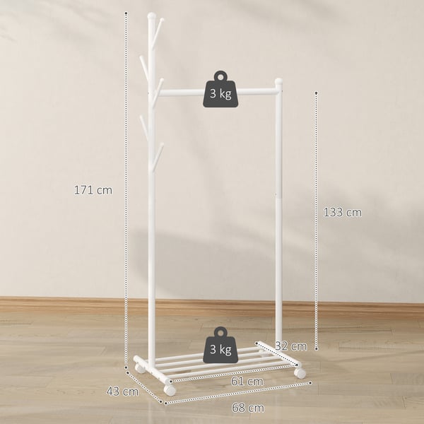 Tøjstativ, 68x43x171 cm, Hvid, Metal