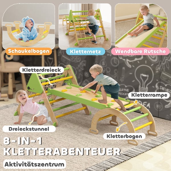 Kiipeilyteline, Montessori-sisäkiipeilykolmio, 191,5x74,5x63 cm, vihreä, puu