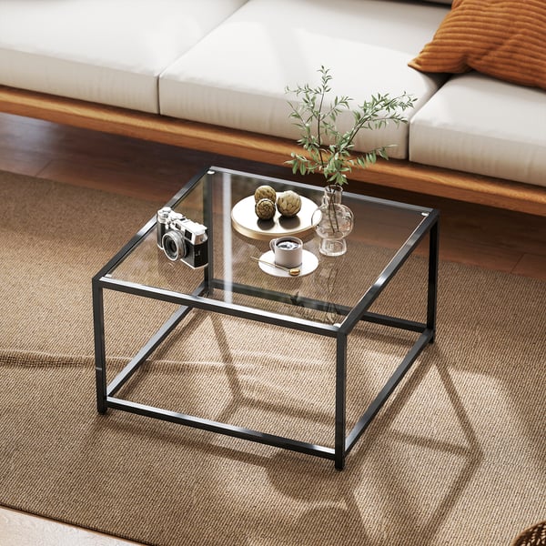Sidebord, 68x68x39 cm, Sort, Hærdet glas og stål