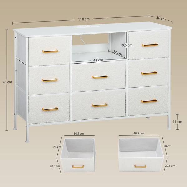 Kommode, Opbevaringsskab med 8 stofskuffer, 110x30x76 cm, Hvid, Stålramme