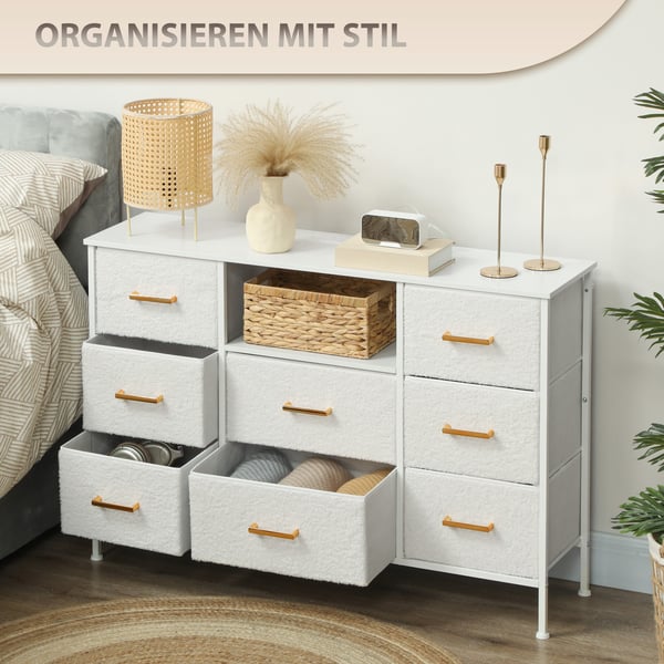 Kommode, Opbevaringsskab med 8 stofskuffer, 110x30x76 cm, Hvid, Stålramme