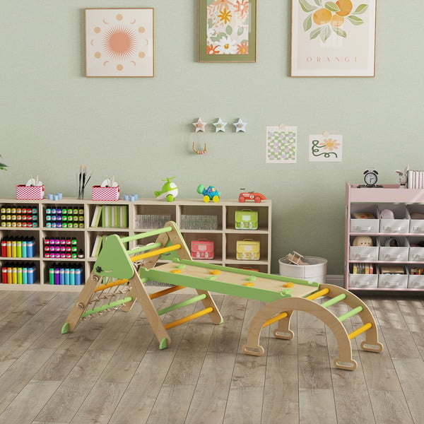 Kiipeilyteline, Montessori-sisäkiipeilykolmio, 191,5x74,5x63 cm, vihreä, puu