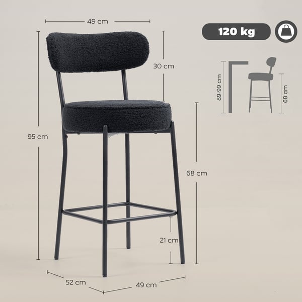 Barstolssæt, 49x52x95 cm, Sort, Fleecepolstring