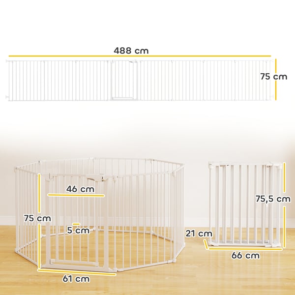 Kæledyrsport, 8-panel barriere med dør, 61x3x75 cm, hvid, sammenklappelig