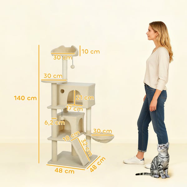 Klatretræ til kat, 48x48x140 cm, Beige, Sisal