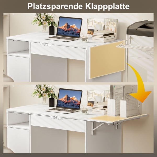 Computerskrivebord, 130x58x73,2 cm, Hvid, Sammenklappelig Opbevaring