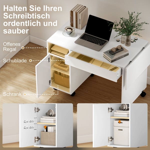 Computerskrivebord, 130x58x73,2 cm, Hvid, Sammenklappelig Opbevaring