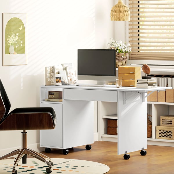 Computerskrivebord, 130x58x73,2 cm, Hvid, Sammenklappelig Opbevaring