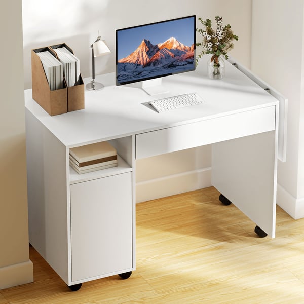 Computerskrivebord, 130x58x73,2 cm, Hvid, Sammenklappelig Opbevaring