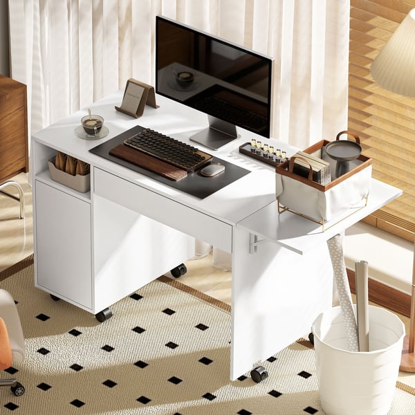 Computerskrivebord, 130x58x73,2 cm, Hvid, Sammenklappelig Opbevaring