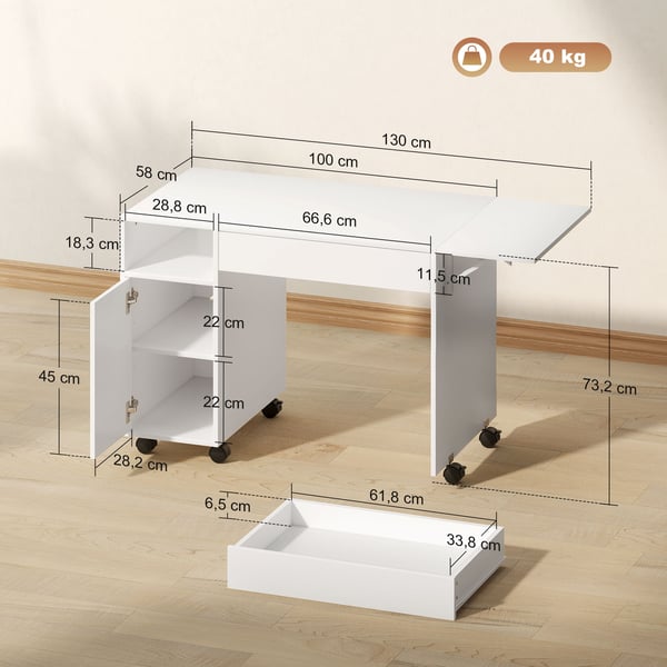 Computerskrivebord, 130x58x73,2 cm, Hvid, Sammenklappelig Opbevaring