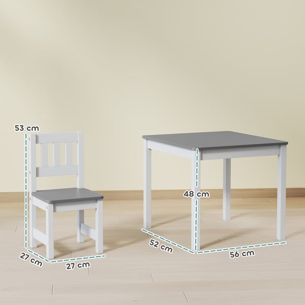 Børnebord og 2 stole sæt, 56x52x48 cm, grå, fyrretræ