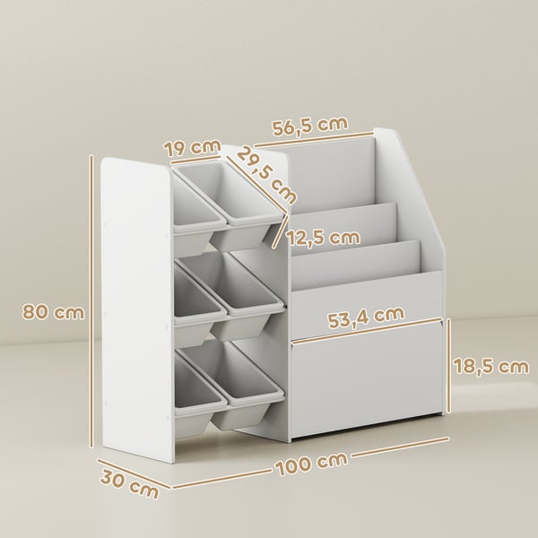 Legetøjsreol, Børneværelsesreol med 6 kasser, 100x30x80 cm, Hvid, MDF