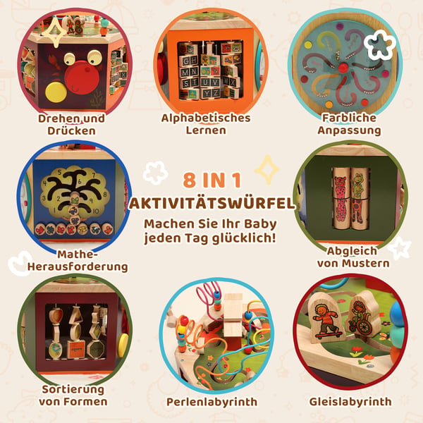 Aktiviteettikuutio, 41.5x37.5x37.5 cm, monivärinen, puu