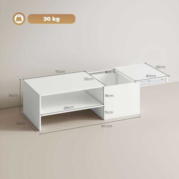 Sofabord, 110x52x36 cm, Hvid, Justerbar