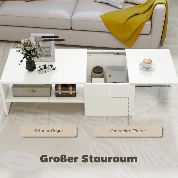 Sofabord, 110x52x36 cm, Hvid, Justerbar