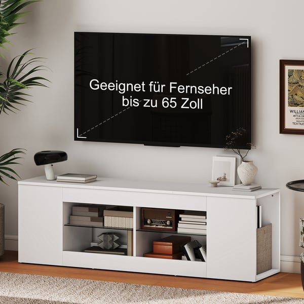 TV-bord, 140x35x42,5 cm, Hvid, Spånplade og Glas