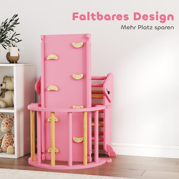 Klatrestativ, 7-i-1 sammenklappeligt indendørs klatretrekant med rutsjebane, 188x70x59 cm, pink, træ