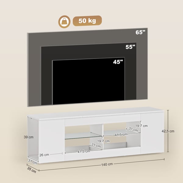 TV-bord, 140x35x42,5 cm, Hvid, Spånplade og Glas