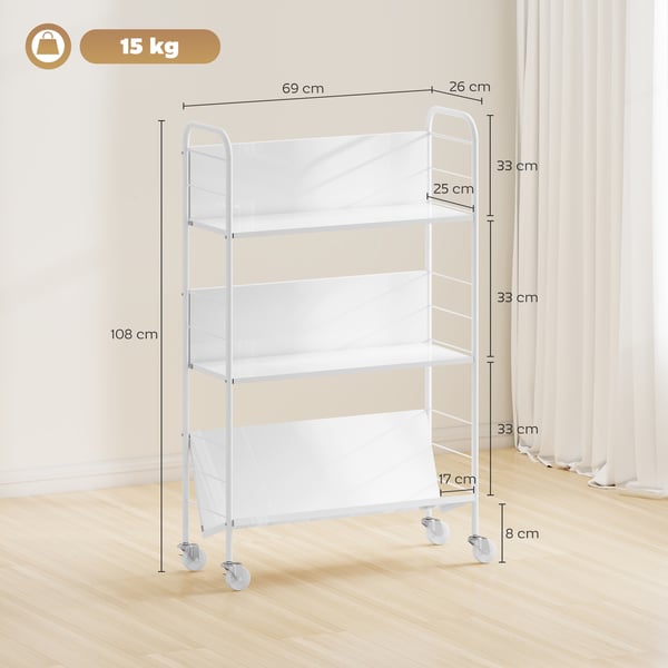 Bogreol, 69x26x108 cm, Hvid, Metal