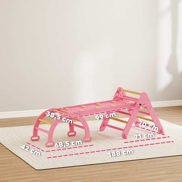 Klatrestativ, 7-i-1 sammenklappeligt indendørs klatretrekant med rutsjebane, 188x70x59 cm, pink, træ