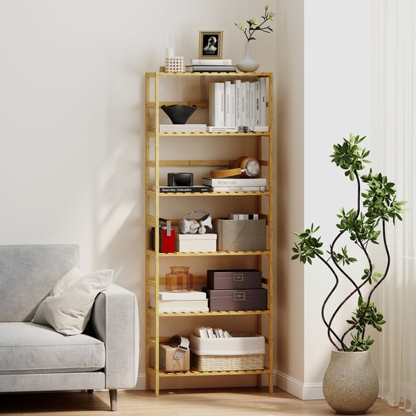 Reolenhed, 6-niveaus justerbar bambus, 60x26x161 cm, natur, opbevaring