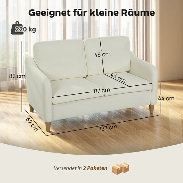 Sofa, 2-personers, 137x69x82 cm, Cremehvid, Sherpa-fleece polstring