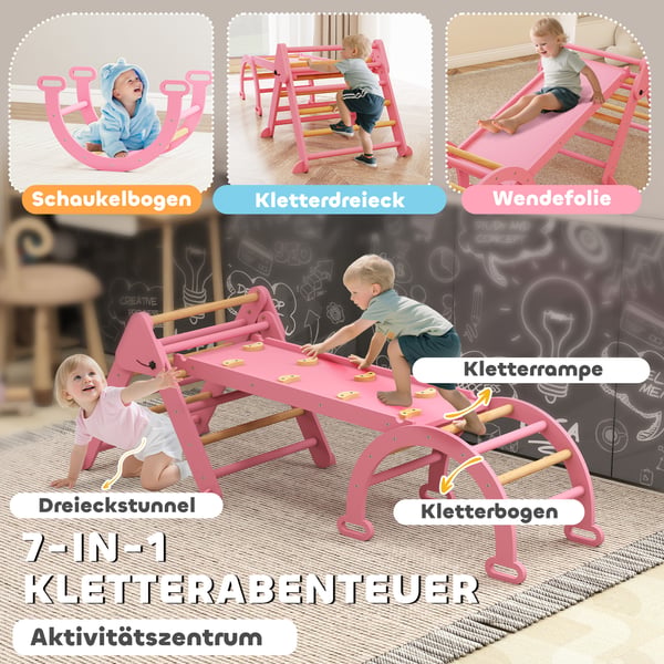 Klatrestativ, 7-i-1 sammenklappeligt indendørs klatretrekant med rutsjebane, 188x70x59 cm, pink, træ