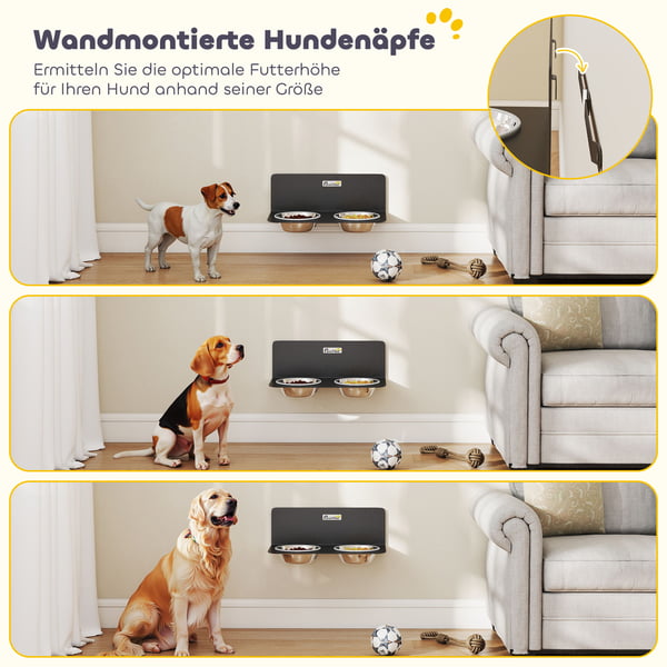 Hundeskål, Justerbar vægmonteret foderstation, 42x23,5x14 cm, Sort, Rustfrit stål