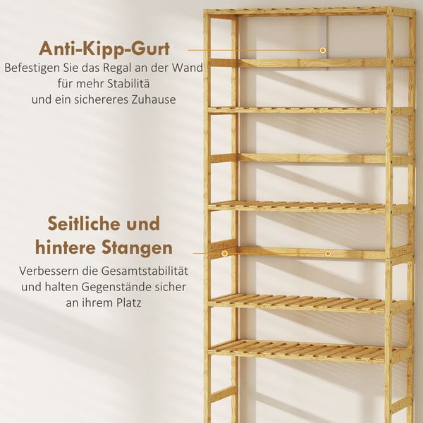 Reolenhed, 6-niveaus justerbar bambus, 60x26x161 cm, natur, opbevaring