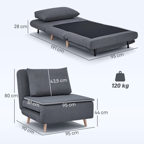 Sovesofa stol, 3-i-1 med justerbart ryglæn, 95x90x80 cm, grå, polyester